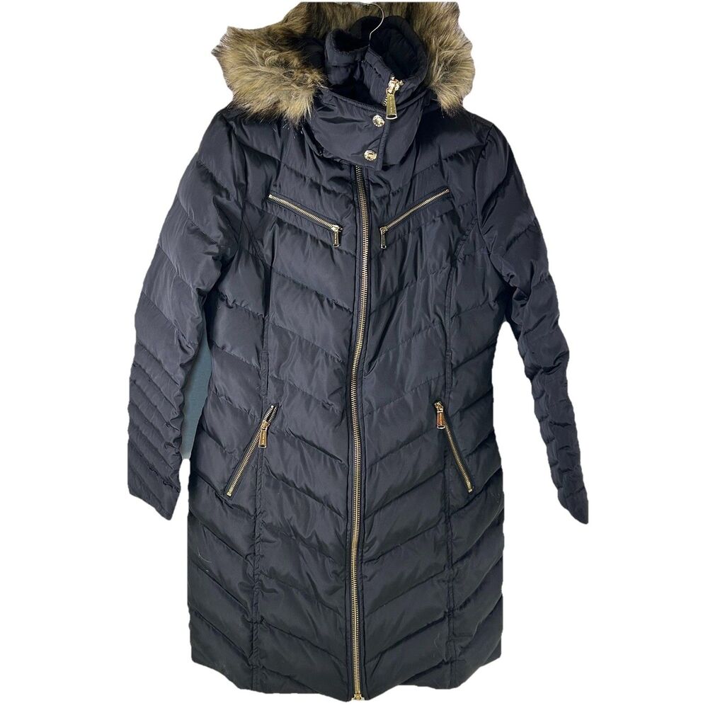 Michael Kors Faux-Fur-Trim Long Down Puffer Coat Women’s Size Medium Black Hood